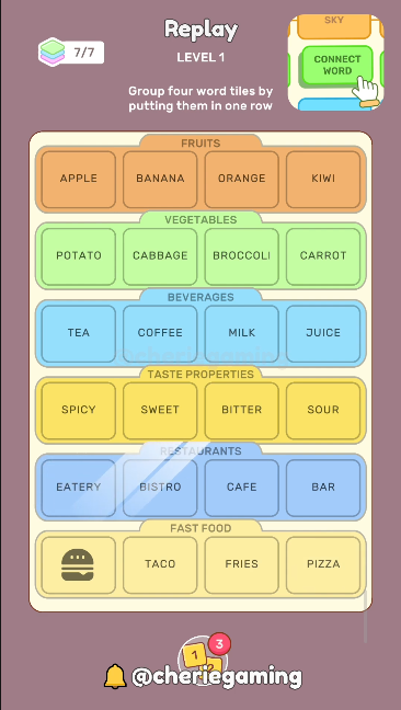 Wordle Connections-Connect Word Level 1 complete solution showing all word groups and connections